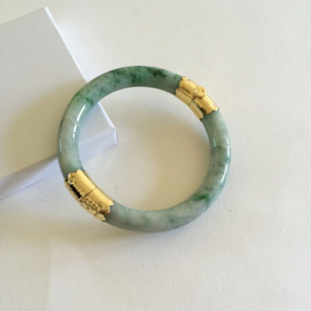 14K Yellow Gold Natural Round Jadeite Grade A Jade Bangle 54MM genuine